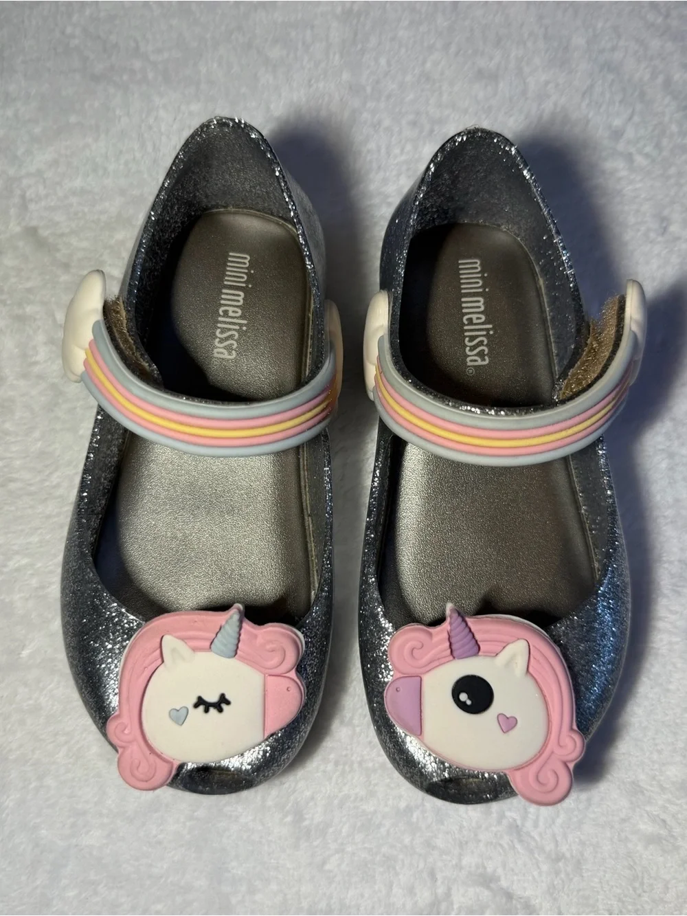Mini Melissa Silver Glitter Mary Janes with Pink Unicorn Appliqués